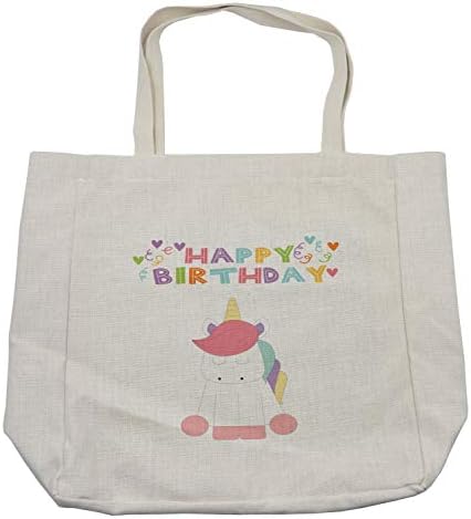 Празнична Пазарска чанта Ambesonne с единорогом, Надпис честит рожден Ден с участието на животното под формата