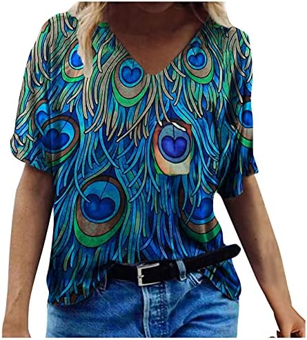 Тениска за жени, Летни Ризи, Елегантни Ежедневни Блузи с Къс ръкав и V-Образно деколте с Флорални Принтом, Свободна Риза, Базова Туника, Блуза