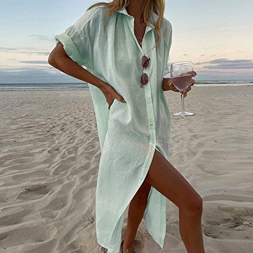 ETHKIA Рокля С Джобове Ежедневни Летни Свободни Ризи Рокли 2023 Модни Обикновена Дълги Плажни Рокли Копчета С Ревери Модни Къси