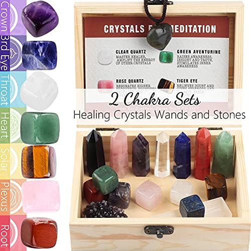 Кристали и Лечебни Камъни Набор от Кристали Премиум-клас с Дървена Кутия, 7 Кристални Пръчки с Чакра, Аксесоари за Йога и Медитация, за да проверите за Магьосничеств