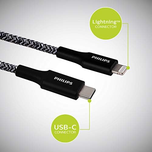 Кабел PHILIPS USB-C-Светкавица, 6 инча, Сплетен кабел, Кратко, Бързо зареждане, Съвместимо с iPhone 12/11 Pro /X /8/8
