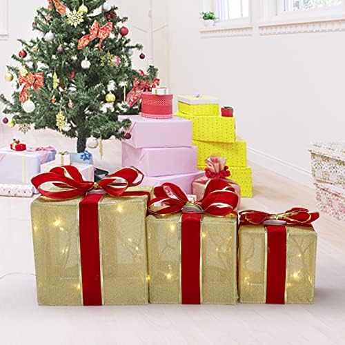 Украса за Коледни кутии RIZZARI, Комплект от 3 Коледни Подаръци Кутии с Осветление и Червени Панделки за Коледната Елха,