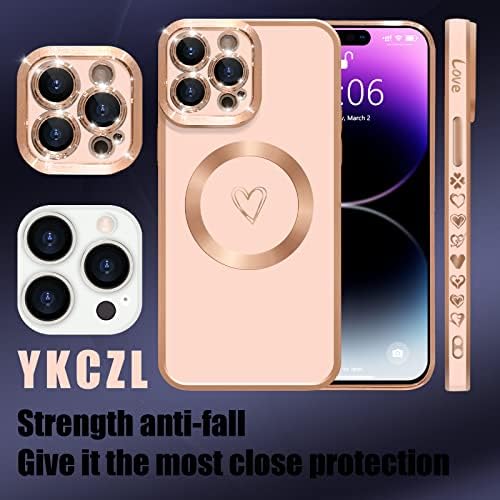 YKCZL е Съвместим с калъф за iPhone 14 Pro Max с MagSafe, Луксозен покритие, Сладки Сърце, Пълна защита на обектива