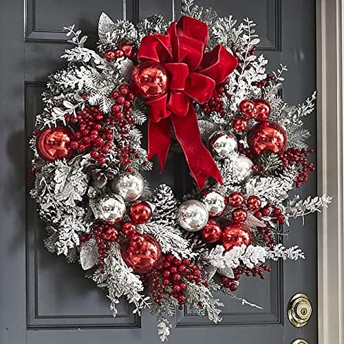 Коледни Венци Braiton, Украса за входната врата, монтиран на стената Коледа Снежна топка, Червени Плодове Венец от Борови Шишарки,