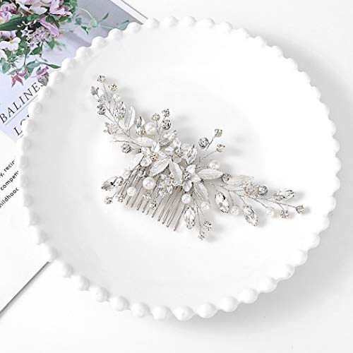 Campsis Bridal Сватбена гребен за коса Сребърни странични пити с кристали, аксесоари за коса с цветя на булката, за