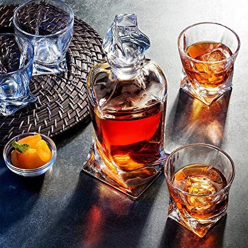 Стъклена гарафа за уиски и ликьор FineDine в европейски стил, със стъклена запушалка, 28 унции.- С подарък магнитна кутия - Аристократично Изящен дизайн Quadro - Стъклена гар
