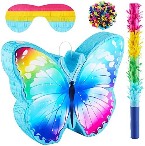 Пинята с пеперуда, пръчка за Пиняти, маска за очи и 1 опаковка конфети, Вечерни аксесоари под формата на Дъгата