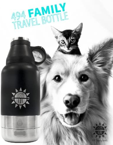 494 Семейна бутилка за пътуване - Черна - Бутилка за вода за домашни животни и хора на 32 грама с прикрепена чаши - майната-надолу кутията с широко гърло и чаша, Изолиран