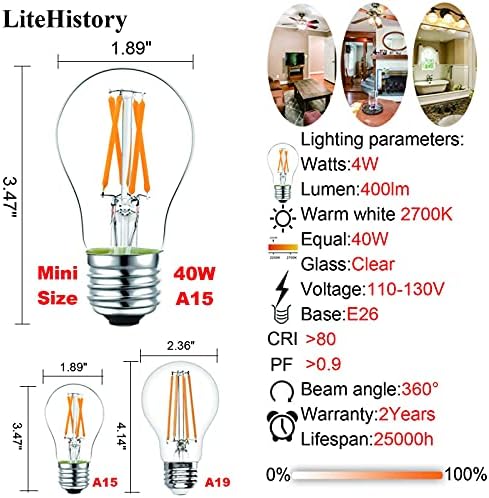 LiteHistory led лампа A15 с регулируема яркост от 4 Вата, което се равнява на 40 W, led лампа e26 AC120V, реколта led крушка