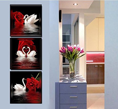 Amoy Art - 3 Панела Красиви Романтични Лебеди Арт Принт на платно с Цветя, Червени Рози, с монтиран на стената Арт Декор Опъната