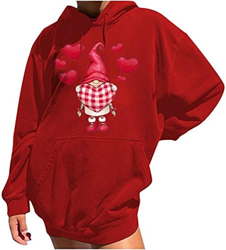 Сладки дълги блузи за жени Валентин oversize пуловер Качулки джуджета изображение на сърцето drawstring с дълъг