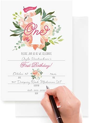 Покана за първи рожден ден Bliss Collections в пликове с флорални принтом Blush Идеалното покана за първият рожден ден
