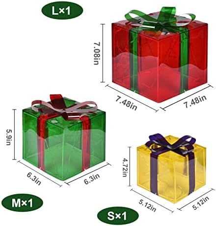 Коледни кутии COVFEVER с осветление, Комплект от 3 Червено-Зелени, Жълти коледни кутии с 60 led бели подсветками, Подаръчни