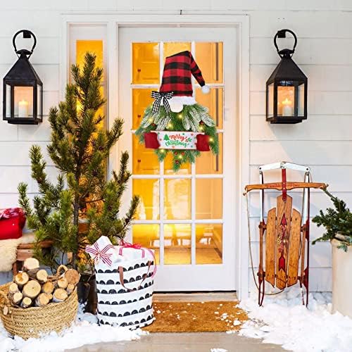 Коледен Венец за входната врата, Изкуствена Борова Иглолистни Окачен Венец във формата на Джудже с Подсветка, Коледен Венец
