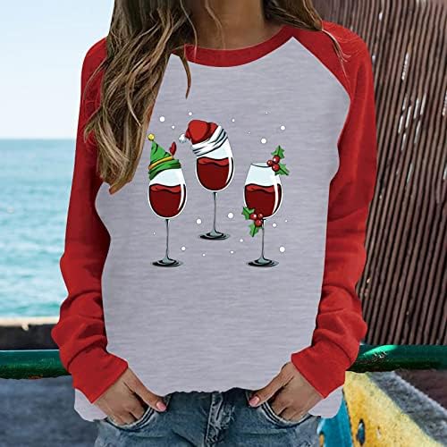 Коледна Свитшот за Жени, Коледна Шапка, Чаша Червено Вино, Принт под формата на Цветни Блок, Пуловер с Кръгло деколте, Отгоре