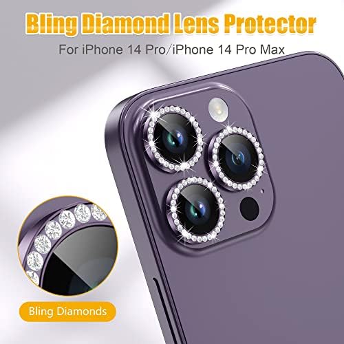 AGVEE 3 + 3 за iPhone 14 Pro 6,1/ 14 Pro Max 6,7 Защитно фолио за обектива на камерата, Метален Пръстен с диаманти