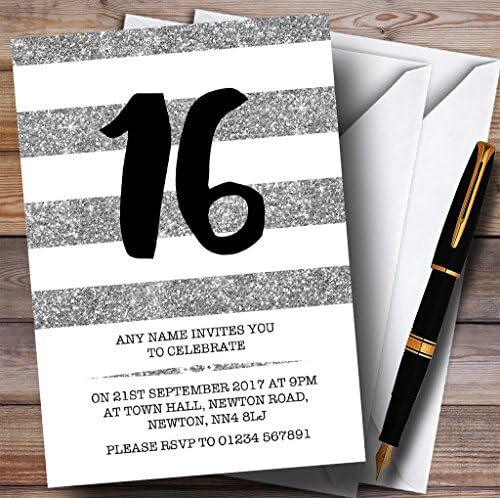 Персонални Покани за 16-ия рожден ден на Сребристо-Бяла Ивица с пайети
