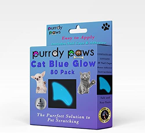 Purrdy Paws One Year Доставя Меки Шапки за нокти за котки Син цвят, Светещи в тъмното, Големи - Допълнителни Лепила