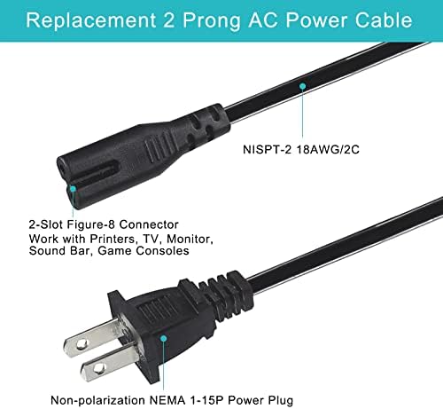 Преносимото 2-подножието на захранващия кабел за променлив ток с 2 клипса - 18 AWG, 2 слота Без поляризация, Фигура 8, захранващ Кабел, съвместим с игрова конзола Xbox Series X/S