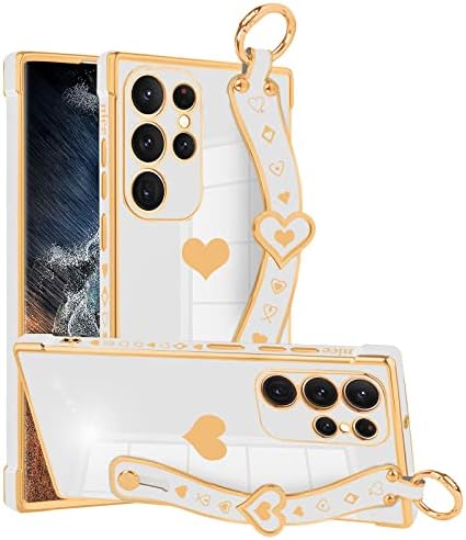 Калъф FIRSTPELLA Samsung Galaxy S23 Ultra за жени и момичета, Мек калъф покрит с формата на Хубаво Сърце, украсена с Луксозни Побрякушками, със стойка за каишка, с повишена защита, ф?