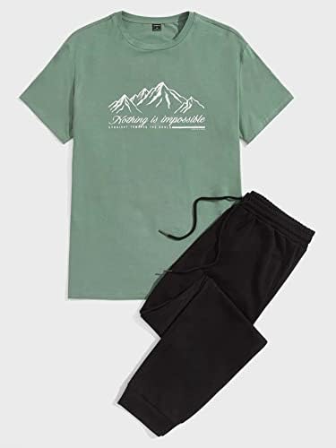 OSHHO Комплект дрехи от две части за мъже, тениски с графичен слоган и спортни панталони с завязками на кръста,