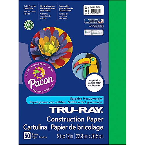 Гъста плътна хартия PACON Tru-Ray® Празнично-зелен цвят, 9 x 12, 50 листа (103006)