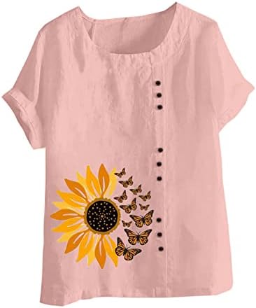 Извънгабаритни Памук, Ленени Ризи за Жени, Ежедневни Блузи Копчета С Къс Ръкав, Летни Свободни Удобна Тениска
