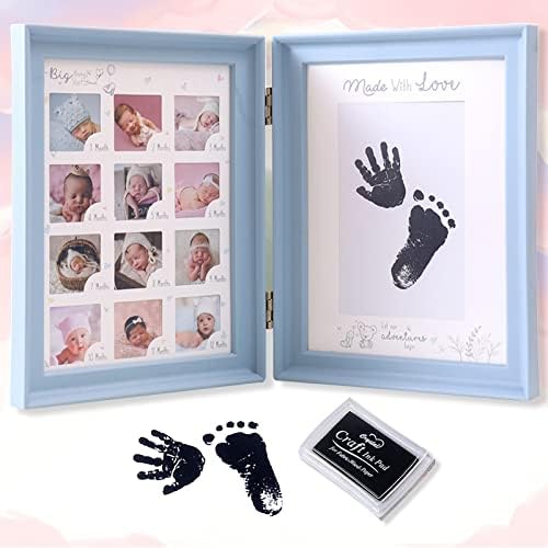 weallbuy Рамка за детска фотография на Първата година от живота, Комплект за рисуване Отпечатъци от детски ръце и отпечатъци от пръсти с много черен подложка, Подарък з