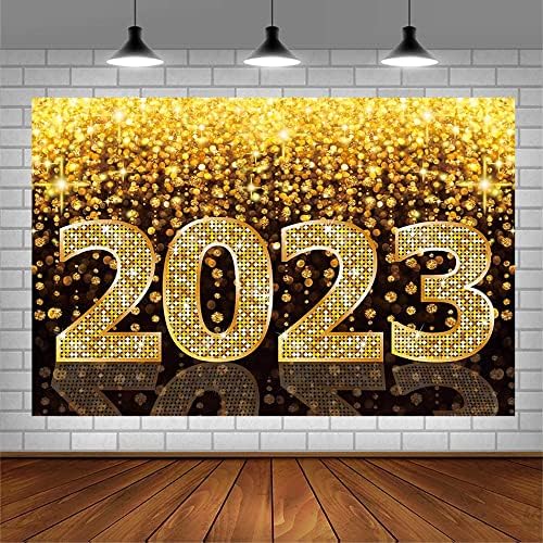 AIBIIN 7x5 метра Черно-златна Блестящ Фон честита Нова Година, Блестящ Фон за снимки на Здравей, 2023, дай ми една
