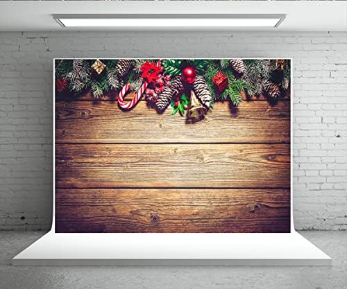 10x6,5 метра Коледна Селски Дървен Ретро Фон Борови Клони, Тръстика Бонбони Коледна Камбанка Фон