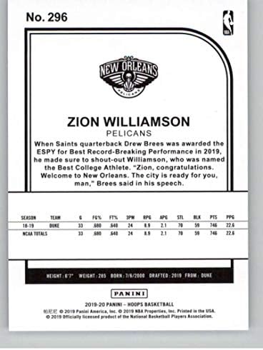 Баскетболно карта начинаещ NBA Hoops 2019-20 296 Зайон Уилямсън, Ню Орлиънс Пеликанс, RC, Официалната Търговска