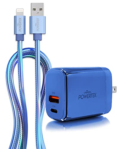 Комбиниран кабел за зарядно устройство LIQUIPEL Powertek за iPhone [Сертифициран от ПФИ], кабел-адаптер Lightning-USB, Бързо зареждане на 6 метра височина, съвместима с iPad (светло син?