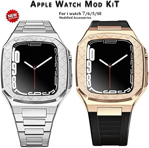 Комплект модификация CNHKAU Метален bezel за Apple Watch 8 7 6 5 4 42 мм 44 мм 45 мм Рамка на корпуса часа Подмяна на метална каишка за iWatch Band 41 mm (Цвят: 10 мм Златна закопчалка размер: 45