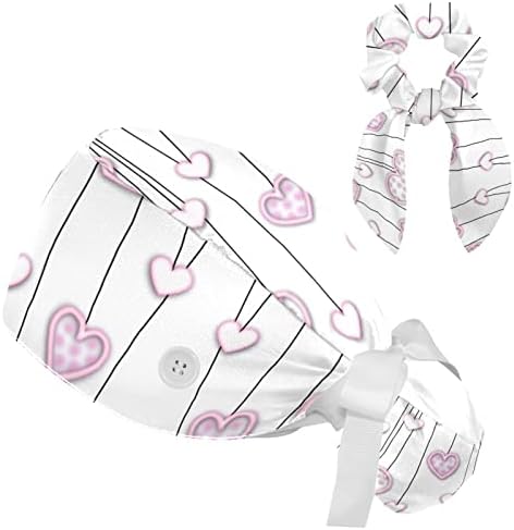 Регулируема Работна Шапчица Розови Сърца, украсена с Пухкава Шапка с Копчета, Търкане-шапка с Лък, Дъвка за коса