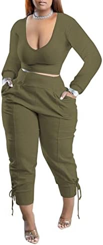 Ekaliy/ Жена Случаен Комплект от две части Топ с дълъг ръкав и V-образно деколте и Дълги Панталони, Спортни дрехи, Комплекти
