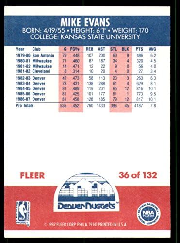 1987-88 Fleur №36 Майк Евънс Денвър Нъгетс Баскетболно търговска картичка НБА