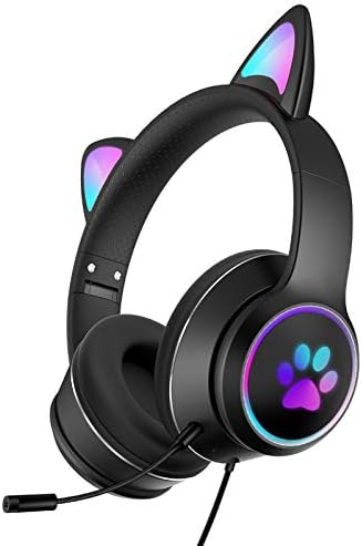 Слушалки LVOERTUIG с кошачьими уши, Сгъваема и растягивающаяся Безжична детска Bluetooth слушалки led RGB,