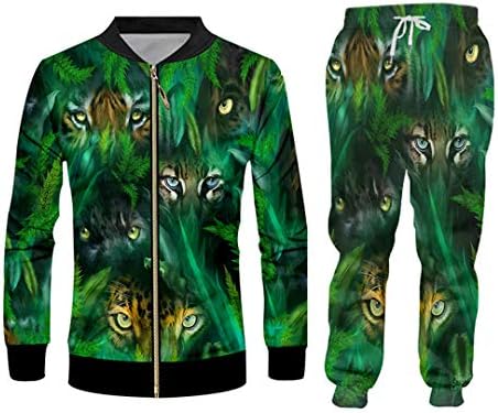 Hoody с качулка Animal Forest и Панталони за Джогинг, Комплект Зелени Потници Унисекс с 3D Принтом Тигрови Очи