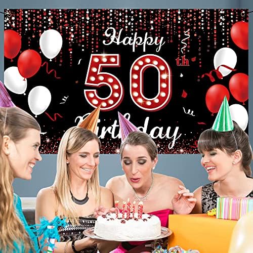фон за украса на 50-ия ден от раждането, Банер, Декорации с 50-годишнината за жени, Червен, Черен, Бял, 50-Годишният