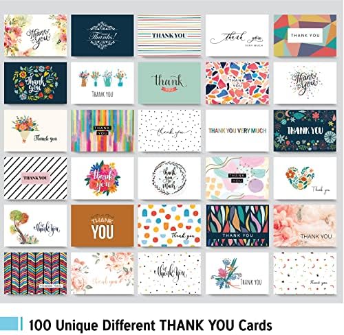 Благодарствени картички с Конвертами, 100 Опаковки, Обемни Бланки за бележки със 100 Различни Красиви Уникални дизайнами
