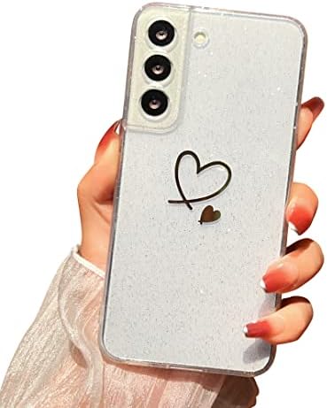 YYDSUNY е Съвместим с калъф Samsung Galaxy S22, Прозрачен калъф с хубав сърце и пайети за жените, устойчив на удари Защитен