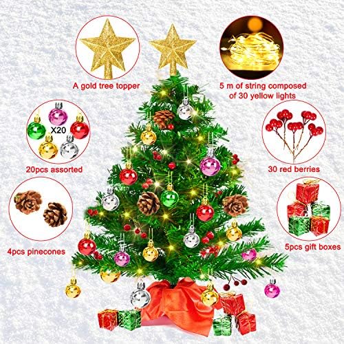 20 Настолна Мини-Коледна Елха, Изкуствена Малка Коледна Елха с 50 led Гирлянди, Върхът в формата на звезда, Плодове Падуба,