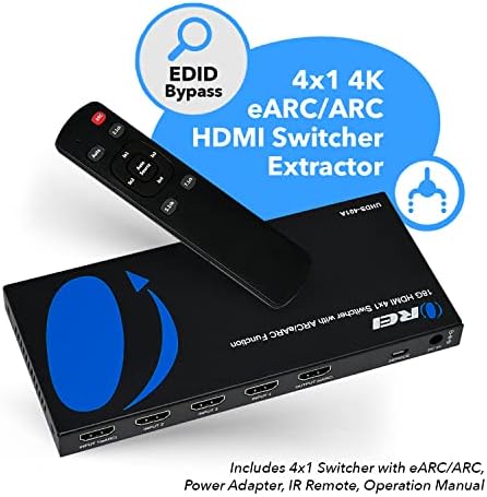 Комутатор OREI 4K 4x1 HDMI с аудиовыделителем, 4 входа, 1 изход - HDMI 2.0. Поддържа ARC/ eARC, CEC, HDR10 и Dolby