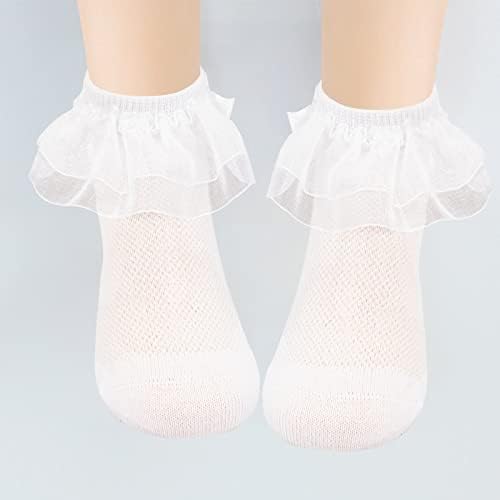 akkilar 6 Опаковки Памучни Чорапи на Принцеса за Момиченца с Дантелен Завършек и Накъдрен и Лък