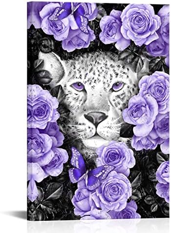 OuElegent Леопард Платно Стенно Изкуство Гепард с Лилави Цветя, рисуване на Картина на Африканско Диво Животно Принт Произведение