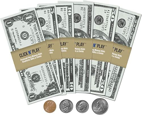 Кликни и играй, притворяйся, играйте на фалшиви пари, за деца - Набор от реалистични банкноти и монети от 150 теми, подходящ