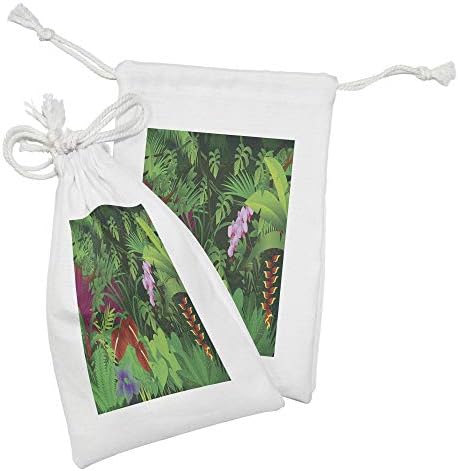 Комплект от 2 Мешочков от плат Лунните джунгла, Гори на Амазонка с Прясна Зеленина, Цветя в Карикатура стил, Тематично изображение