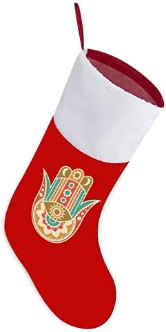 Коледни Чорапи, Ръчно изработени Хамсия Червено Кадифе, с Бял Пакет шоколадови Бонбони, Коледни Декорации и Аксесоари