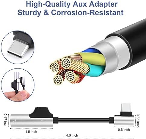 Xivip Правоъгълен адаптер за слушалки и зарядно устройство от USB C до 3,5 мм аудио жак 2 в 1 от USB C до Aux и кабел