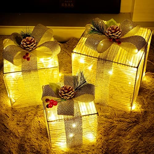 Коледни кутии с подсветка Lulu Home, Коледни Подаръци с Подсветка на 60 светодиода Deocr с Лъкове, Изкуствени